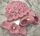 Handmade Crochet Baby Newborn 0-3 Month Hat Headband Shoes Pink Set
