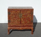 Antique Storage Cabinet Oriental Chinese Red Lacquer Chinoiserie W Stand   Brass