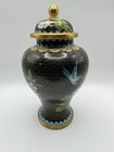 Vintage Cloisonne Enamel Lidded Vase Floral With Birds Blue Brass Trim