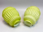 Pair Antique Victorian Lime Green Art Glass Ribbed Drape Cased Glass Lamp Shade