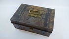 Title  Antique Steel Strongbox Document Box Working Keys Faux Wood Leather   