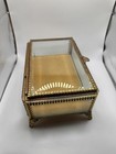 Vintage Gold Tone Filigree Glass Vanity Jewelry Box Antique Ornate Edges 