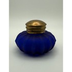Vtg Cobalt Blue Frosted Glass Melon Ribbed Inkwell Brass Hinged Lid Victorian