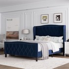 Full queen Size Bed Frame W  Wingback Headboard  Upholstered Platform Bed Frame