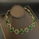 Vintage Emerald Green Jewelry Set Necklace Bracelet Earrings Gold Tone