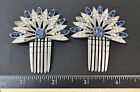 Vintage Art Deco Rhinestone Hair Comb Set Silver Tone Blue 2 Piece Repair As  Is