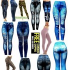 Women Blue Fake Faux Denim Jeans High Waist Leggings Pencil Pants Fits S m l