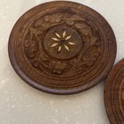 Boho Wood Drink Coasters Shell Inlay Hand-carved India Vintage 1970s Set Of 2