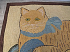 Vintage Folk Art Style Hand Hooked Rug Of A Cat With A Ball Of Yarn