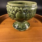 Vintage American Bisque Green Pedestal Planter With Fruit Motif 4 25    Tall