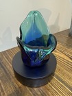 Vintage Murano Blown Art Glass Tulip Vase candle Holder bowl Blue Cobalt Green 