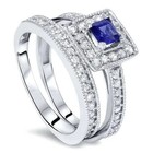 Art Deco Style Lab Created Sapphire   Diamond Engagement 14k White Gold Fn Ring
