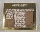 Michael Kors 3 Piece Scarf Hat Glove Boxed Set Camel Tan W mk Logo Ships Free