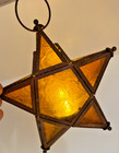 Vtg Moravian Star Light Hanging Lantern Amber Glass Metal Candle Holder