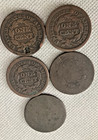 Lot Of 5 Usa Large Cents 1820  1840  1845  1848  Flowing Hair No Date 