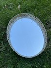 Vintage Gold Filigree Metal Mirror Vanity Dresser Perfume Tray Oval 9 25   x12 25   