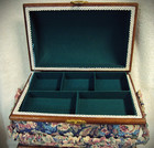 Vintage Wood Sewing Basket Box Tapestry Fabric Lid Accessory Tray Gc Blue Mixed