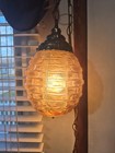Vintage Mid Century Modern Amber Diffuser Glass Globe Swag Hanging Lamp Light 