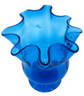 Vtg  Sapphire Blue Handblown Glass Handkerchief Vase  Ruffled   Footed  Bubbles