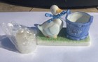 Vintage 1987 Wa R o c  Porcelain Duck Basket Figurine Country Blue Votive Holder