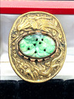 Antique Chinese Export Goldwashed Brass Carved Pierced Jade Large Brooch Dragons