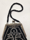 Antique Purse Glass Beaded Handeli  Black And Silver Beads Late 1800s Vintage