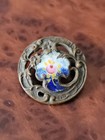 Antique French  Art Nouveau Floral Enameled Brass Openwork Button 7 8 w