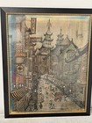 Vintage Chinese Mid Century Modern Signed Color Woodcut Print Cityscape