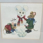 Cross Stitch Mice Building A Snowman Framed Completed Winter Holiday 14 X 15   