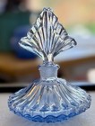 Vintage Art Deco Blue Glass Perfume Bottle Ribbed Fan Stopper Vanity Decor 4 5 