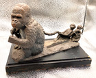 Vintage Business Card Holder Cast Iron Gorilla   Monkey Babies Statue    Wood Base