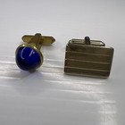 Lot Vintage Retro Mad Men Cufflinks Gold Square Circle Blue Resin Cabochon 60s