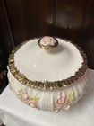 Vtg Mcm Ceramic Compote Candy Dish With Lid Footed Gold Trimmed Pink Roses 7   