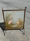 Antique Victorian Hudson Birds Bronze Ornate Fire Screen With Painting On Glass