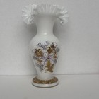 Vtg Bristol White Glass Vase Ruffled Top Purple Enamel Dot Flowers Wide Pedestal