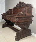 French Antique Black Forest Renaissance Revival Desk In Oak   Leather