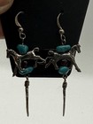 Vintage Silver Tone Native American Style Horse Beaded  Feather Dangle Earrings