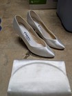 Pimento Silver Satin Pump Heels Pointed Toe Bridal Shoes  Medium Heel Size 8