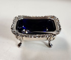 Vintage Cobalt Blue Glass Salt Cellar   Silver Plate Footed Lions Head Free Ship