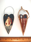 Vintage Handcrafted Primitive Folk Art Painted Wooden Heart Christmas Ornaments
