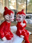 1950 s Vintage Gilner Red Elf Kissing Pixie Figurine Set Christmas Ceramic Rare