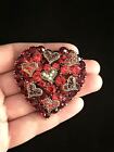 Heart Brooch Large Red White Crystal Rhinestone Gold Tone Heart Shaped Love Pin