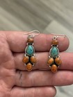 Sterling Silver Native American Sw Turquoise Coral Cluster Dangle Earrings  925