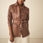 Women s Leather Utility Jacket Real Lambskin Taupe Safari Belted Tailored Fit