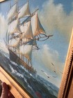 Vintage Oil On Board Painting Of Stunning Ship With Sails Framed Signed Hall