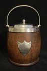 Biscuit Barrel Tobacco Jar W lid English Antq Porcelain Lined Oak Wood Very Nice