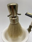 Vtg Brass Gentlemen   s Shaving Set  Stand  Brush  Razor   White Plastic Bowl