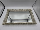 Vtg Hollywood Regency Rectangular Mirrored Vanity perfume Tray Silver Rose Lace