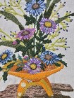 Rare Vintage 70s Crewel Floral Flowers In Vase Embroidery Needlework 