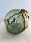 Antique Lg  Japanese Fishing Float Blown Emerald Green Glass Ball Buoy Rope  